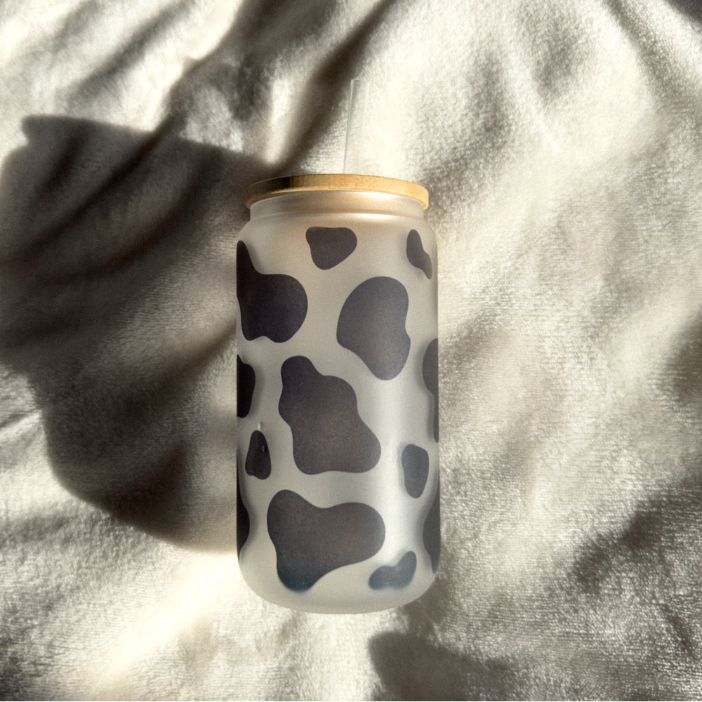 Cow Print Glass Cup with Cover & Straw